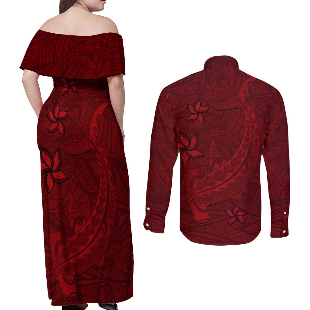 Oxblood Polynesia Couples Matching Off Shoulder Maxi Dress and Long Sleeve Button Shirt Hawaiian Tribal Hammerhead Shark Tattoo