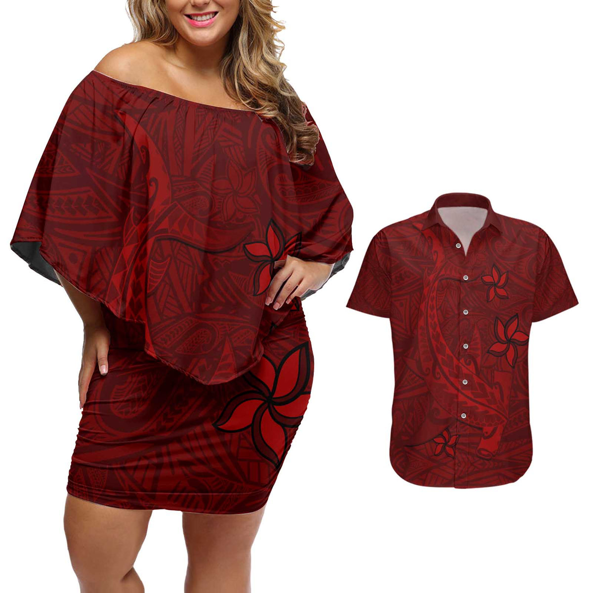 Oxblood Polynesia Couples Matching Off Shoulder Short Dress and Hawaiian Shirt Hawaiian Tribal Hammerhead Shark Tattoo LT14 Oxblood - Polynesian Pride