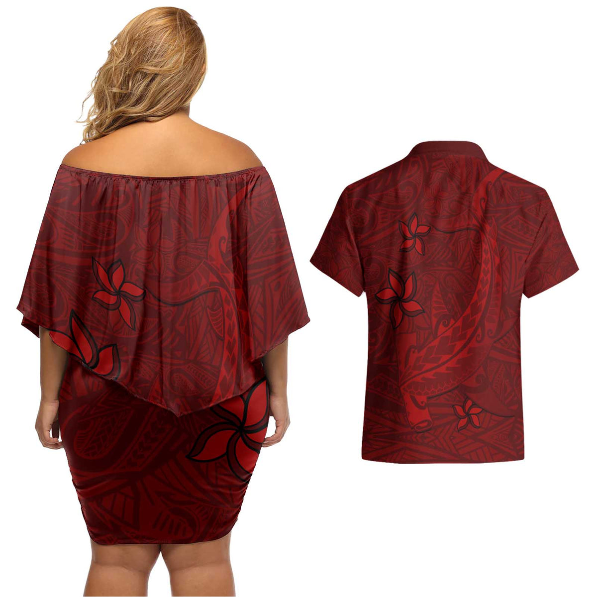 Oxblood Polynesia Couples Matching Off Shoulder Short Dress and Hawaiian Shirt Hawaiian Tribal Hammerhead Shark Tattoo LT14 - Polynesian Pride