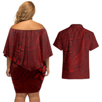 Oxblood Polynesia Couples Matching Off Shoulder Short Dress and Hawaiian Shirt Hawaiian Tribal Hammerhead Shark Tattoo LT14 - Polynesian Pride