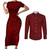Oxblood Polynesia Couples Matching Short Sleeve Bodycon Dress and Long Sleeve Button Shirt Hawaiian Tribal Hammerhead Shark Tattoo LT14