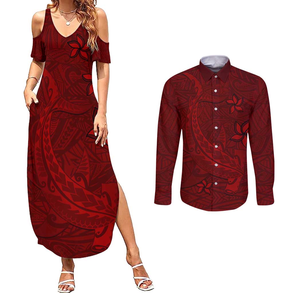 Oxblood Polynesia Couples Matching Summer Maxi Dress and Long Sleeve Button Shirt Hawaiian Tribal Hammerhead Shark Tattoo