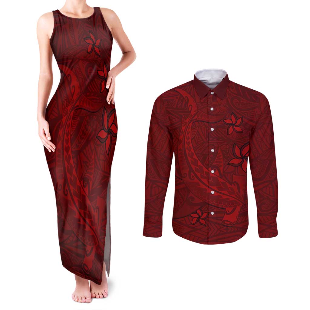 Oxblood Polynesia Couples Matching Tank Maxi Dress and Long Sleeve Button Shirt Hawaiian Tribal Hammerhead Shark Tattoo
