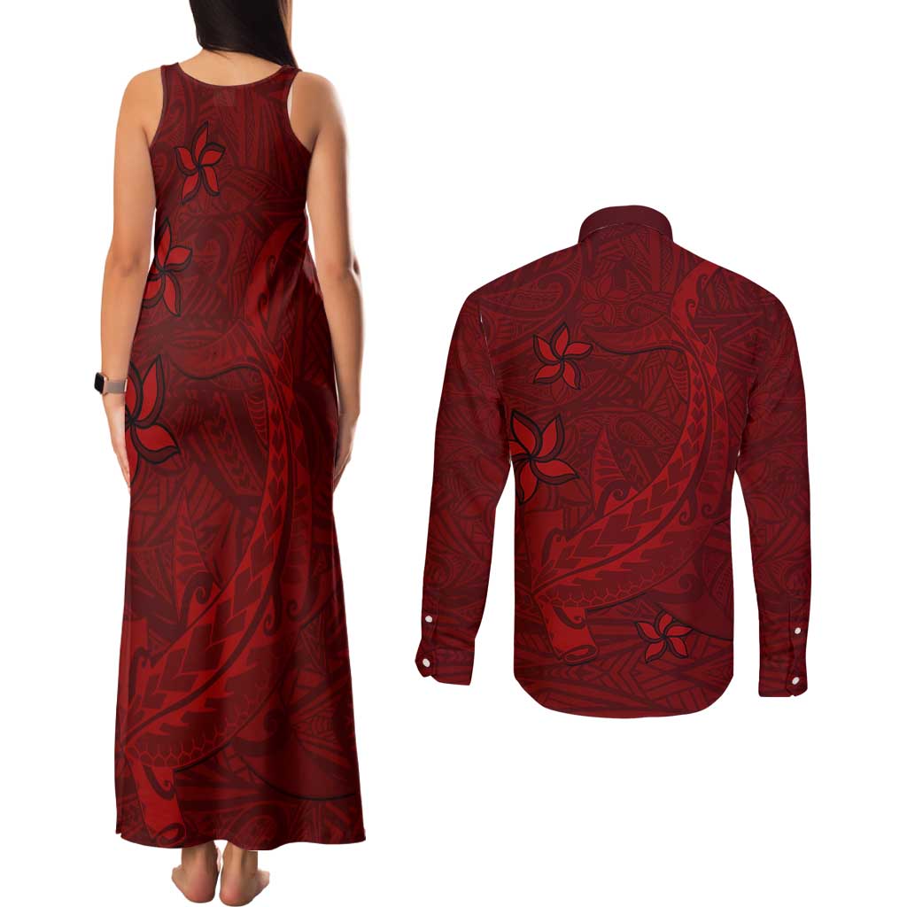 Oxblood Polynesia Couples Matching Tank Maxi Dress and Long Sleeve Button Shirt Hawaiian Tribal Hammerhead Shark Tattoo