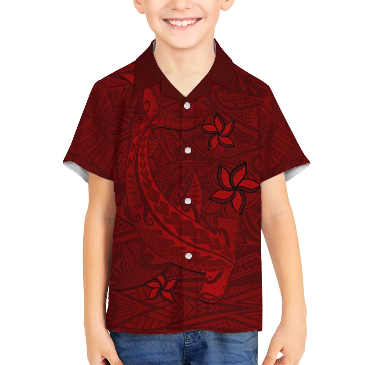 Oxblood Polynesia Family Matching Off Shoulder Short Dress and Hawaiian Shirt Hawaiian Tribal Hammerhead Shark Tattoo