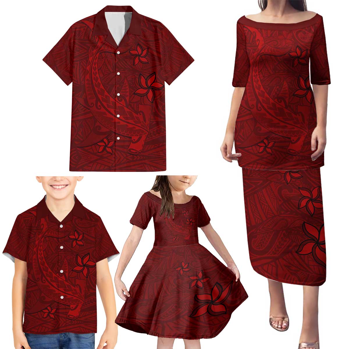 Oxblood Polynesia Family Matching Puletasi and Hawaiian Shirt Hawaiian Tribal Hammerhead Shark Tattoo LT14 - Polynesian Pride
