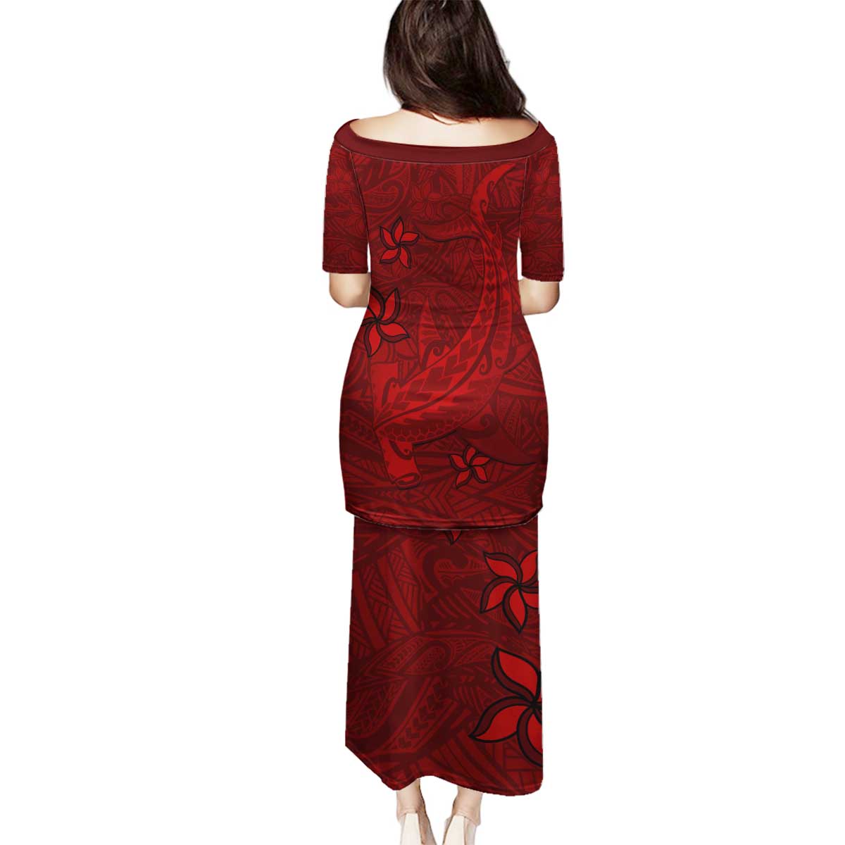 Oxblood Polynesia Family Matching Puletasi and Hawaiian Shirt Hawaiian Tribal Hammerhead Shark Tattoo LT14 - Polynesian Pride