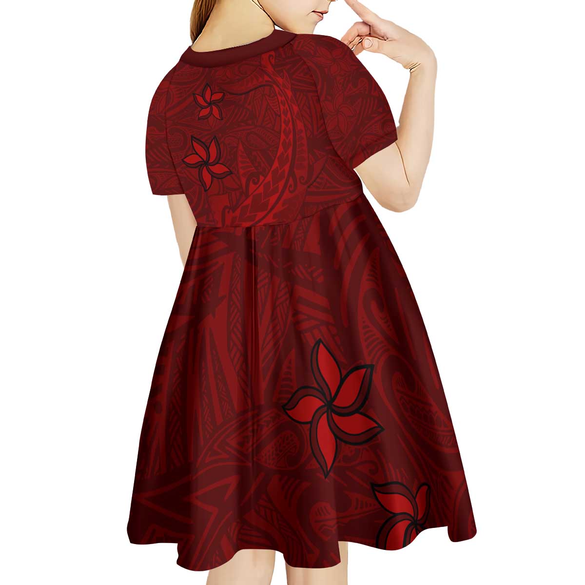 Oxblood Polynesia Kid Short Sleeve Dress Hawaiian Tribal Hammerhead Shark Tattoo