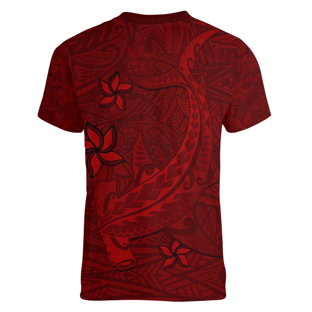 Oxblood Polynesia Women V-Neck T-Shirt Hawaiian Tribal Hammerhead Shark Tattoo