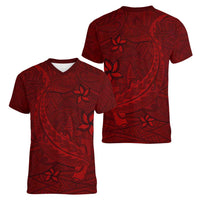 Oxblood Polynesia Women V-Neck T-Shirt Hawaiian Tribal Hammerhead Shark Tattoo