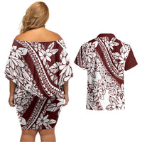 Polynesian Tropical Flowers Oxblood Color Couples Matching Off Shoulder Short Dress and Hawaiian Shirt