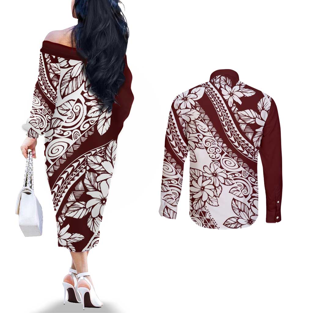 Polynesian Tropical Flowers Oxblood Color Couples Matching Off The Shoulder Long Sleeve Dress and Long Sleeve Button Shirt