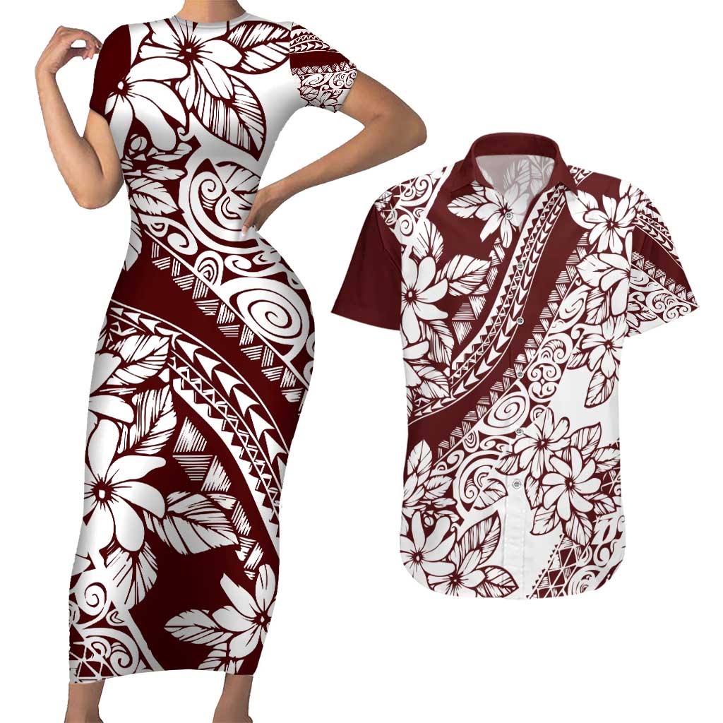 Polynesian Tropical Flowers Oxblood Color Couples Matching Short Sleeve Bodycon Dress and Hawaiian Shirt