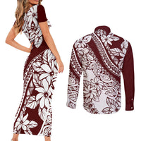 Polynesian Tropical Flowers Oxblood Color Couples Matching Short Sleeve Bodycon Dress and Long Sleeve Button Shirt