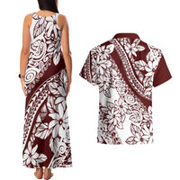 Polynesian Tropical Flowers Oxblood Color Couples Matching Tank Maxi Dress and Hawaiian Shirt