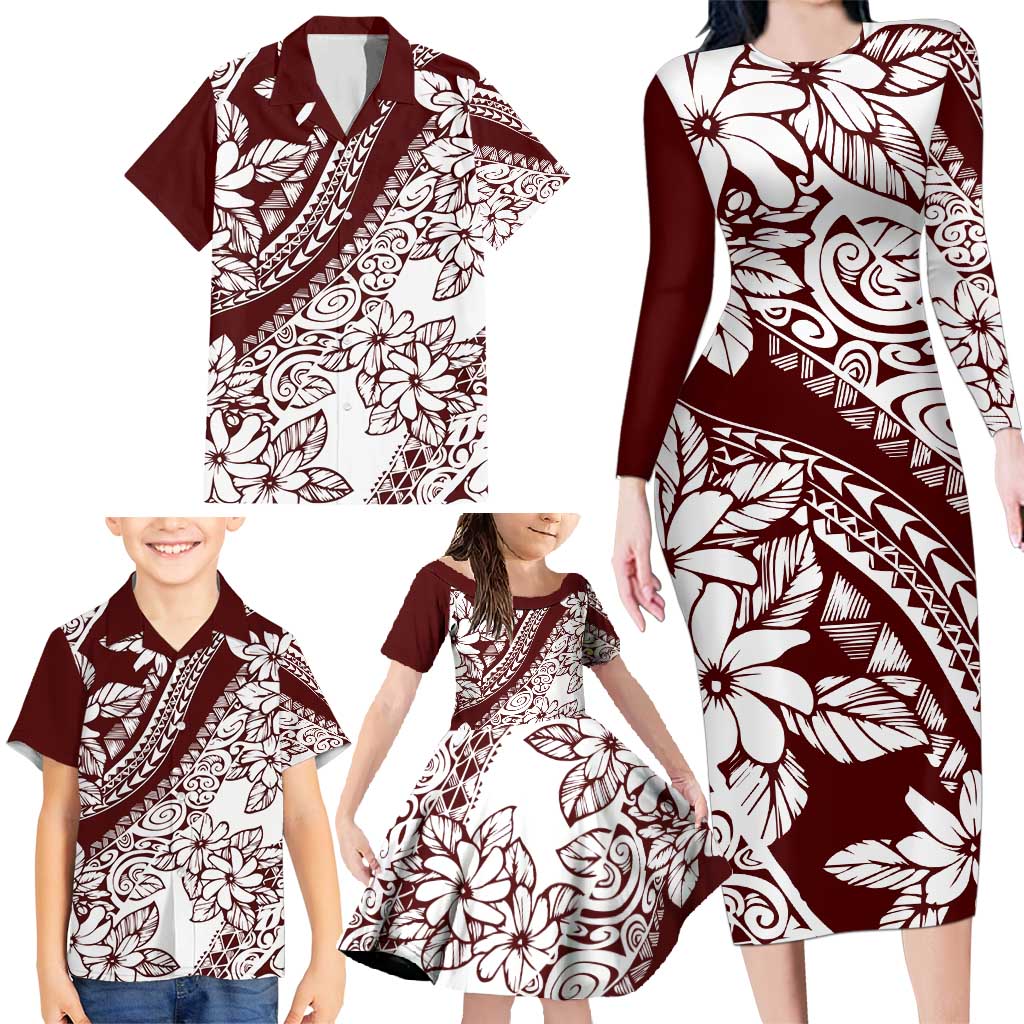 Polynesian Tropical Flowers Oxblood Color Family Matching Long Sleeve Bodycon Dress and Hawaiian Shirt LT14 - Polynesian Pride