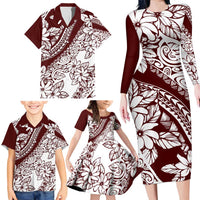Polynesian Tropical Flowers Oxblood Color Family Matching Long Sleeve Bodycon Dress and Hawaiian Shirt LT14 - Polynesian Pride
