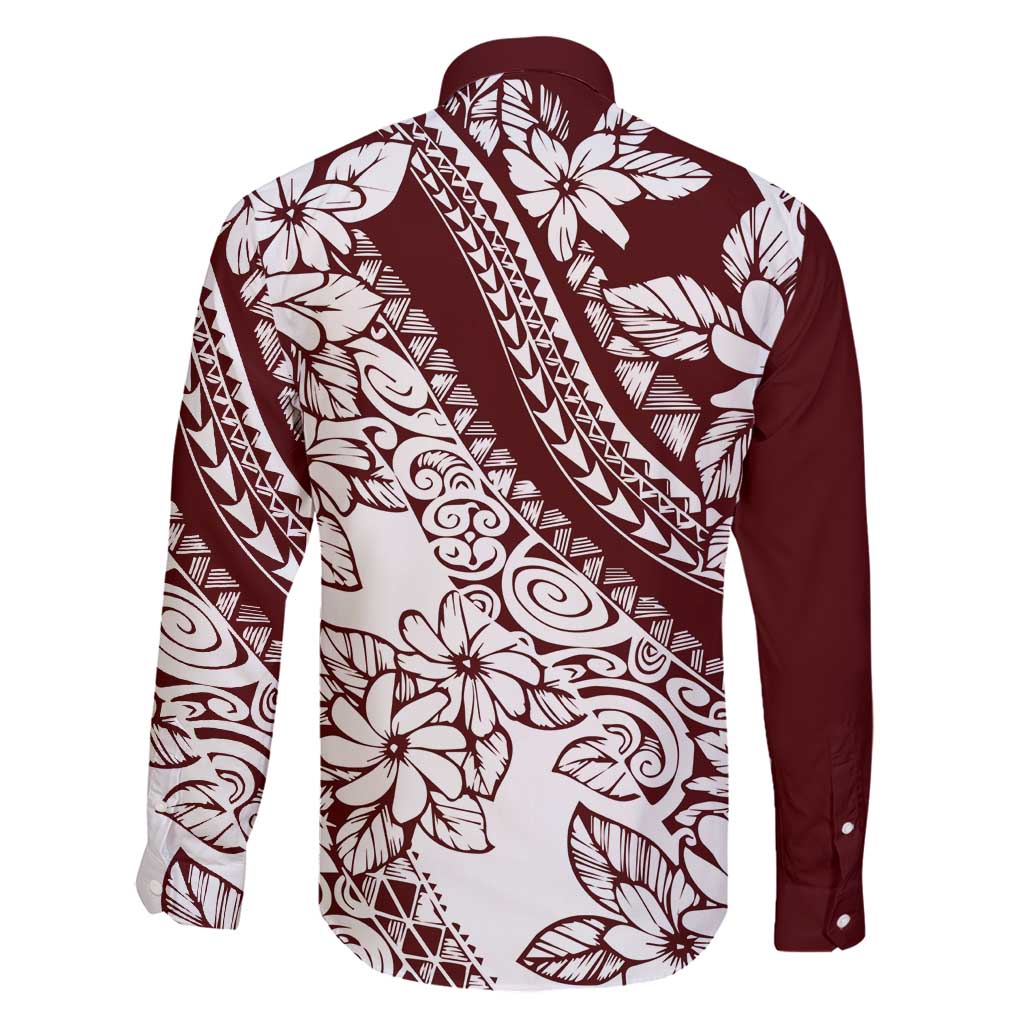 Polynesian Tropical Flowers Oxblood Color Family Matching Long Sleeve Bodycon Dress and Hawaiian Shirt LT14 - Polynesian Pride
