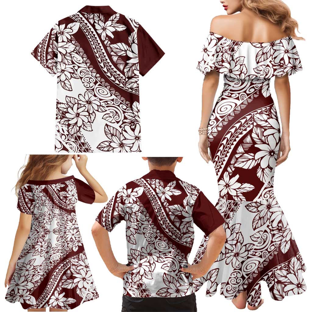 Polynesian Tropical Flowers Oxblood Color Family Matching Mermaid Dress and Hawaiian Shirt LT14 - Polynesian Pride