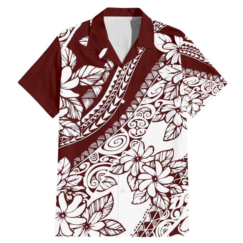 Polynesian Tropical Flowers Oxblood Color Family Matching Mermaid Dress and Hawaiian Shirt LT14 Dad's Shirt - Short Sleeve Oxblood - Polynesian Pride