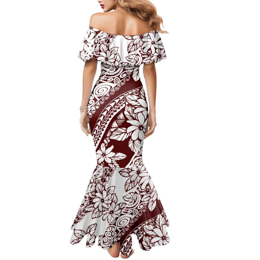 Polynesian Tropical Flowers Oxblood Color Family Matching Mermaid Dress and Hawaiian Shirt LT14 - Polynesian Pride