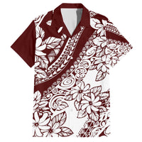 Polynesian Tropical Flowers Oxblood Color Family Matching Off The Shoulder Long Sleeve Dress and Hawaiian Shirt
