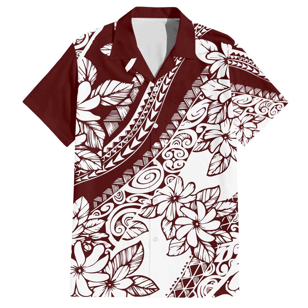 Polynesian Tropical Flowers Oxblood Color Family Matching Off Shoulder Maxi Dress and Hawaiian Shirt