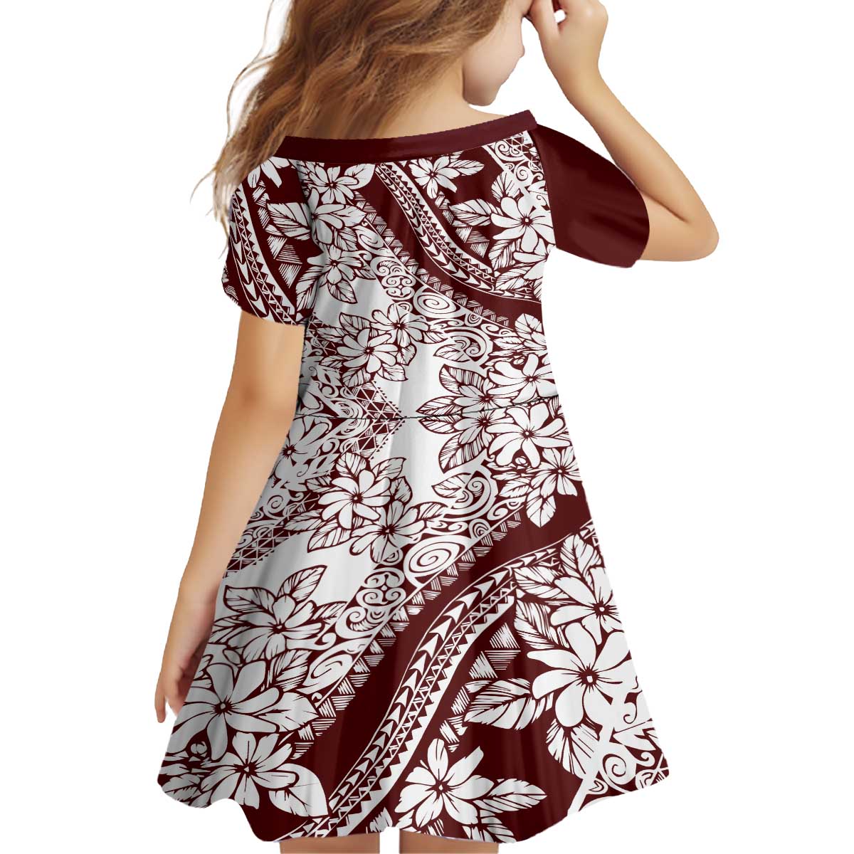 Polynesian Tropical Flowers Oxblood Color Family Matching Puletasi and Hawaiian Shirt LT14 - Polynesian Pride