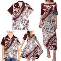 Polynesian Tropical Flowers Oxblood Color Family Matching Puletasi and Hawaiian Shirt LT14 - Polynesian Pride