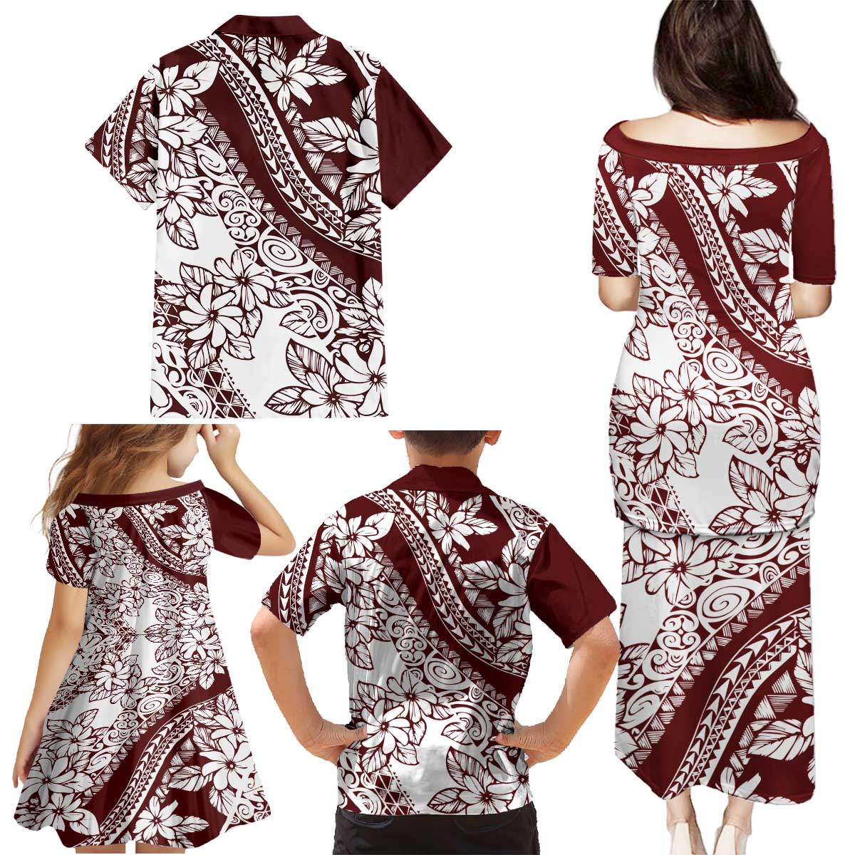 Polynesian Tropical Flowers Oxblood Color Family Matching Puletasi and Hawaiian Shirt LT14 - Polynesian Pride