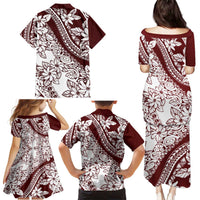 Polynesian Tropical Flowers Oxblood Color Family Matching Puletasi and Hawaiian Shirt LT14 - Polynesian Pride