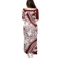 Polynesian Tropical Flowers Oxblood Color Family Matching Puletasi and Hawaiian Shirt LT14 - Polynesian Pride