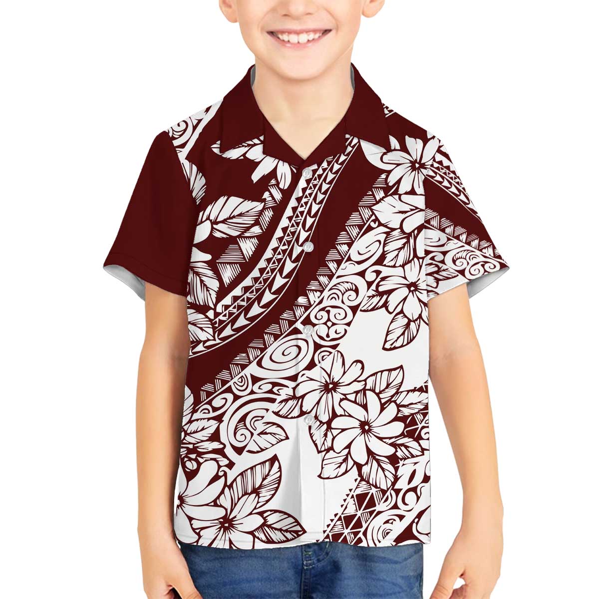 Polynesian Tropical Flowers Oxblood Color Family Matching Puletasi and Hawaiian Shirt LT14 Son's Shirt Oxblood - Polynesian Pride