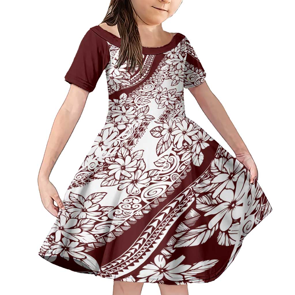 Polynesian Tropical Flowers Oxblood Color Family Matching Short Sleeve Bodycon Dress and Hawaiian Shirt LT14 Daughter's Dress Oxblood - Polynesian Pride