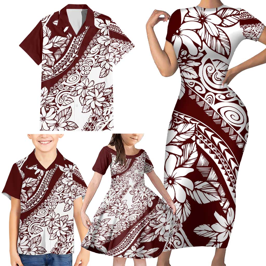 Polynesian Tropical Flowers Oxblood Color Family Matching Short Sleeve Bodycon Dress and Hawaiian Shirt LT14 - Polynesian Pride