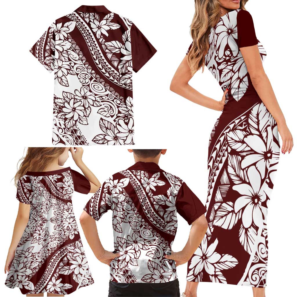 Polynesian Tropical Flowers Oxblood Color Family Matching Short Sleeve Bodycon Dress and Hawaiian Shirt LT14 - Polynesian Pride