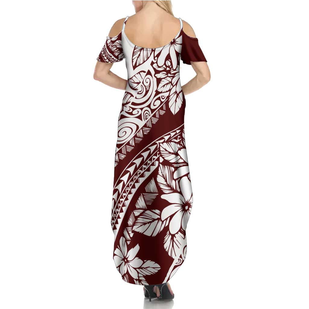 Polynesian Tropical Flowers Oxblood Color Family Matching Summer Maxi Dress and Hawaiian Shirt
