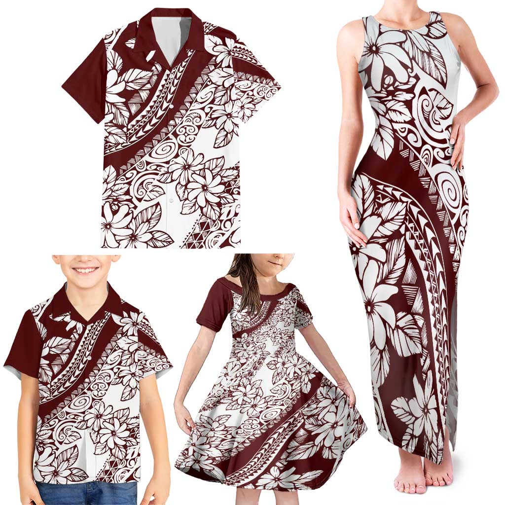 Polynesian Tropical Flowers Oxblood Color Family Matching Tank Maxi Dress and Hawaiian Shirt