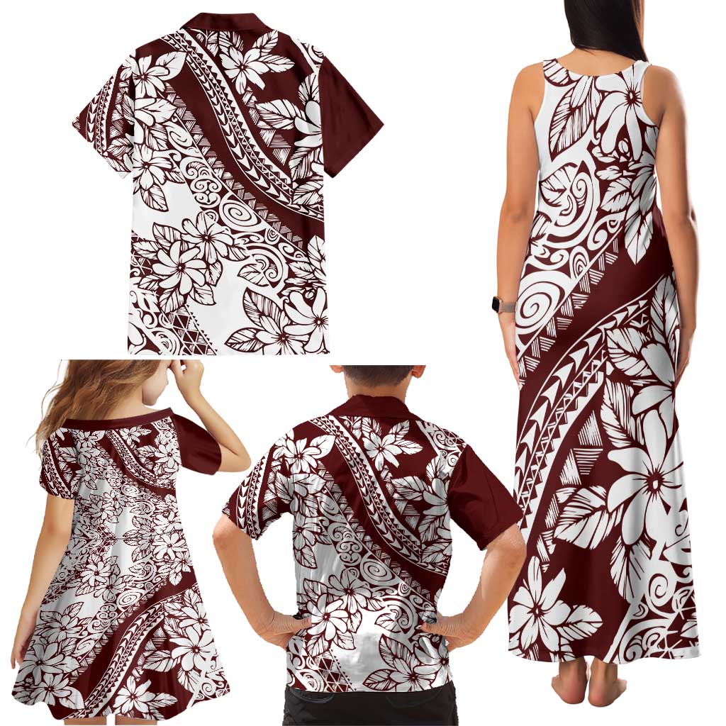 Polynesian Tropical Flowers Oxblood Color Family Matching Tank Maxi Dress and Hawaiian Shirt