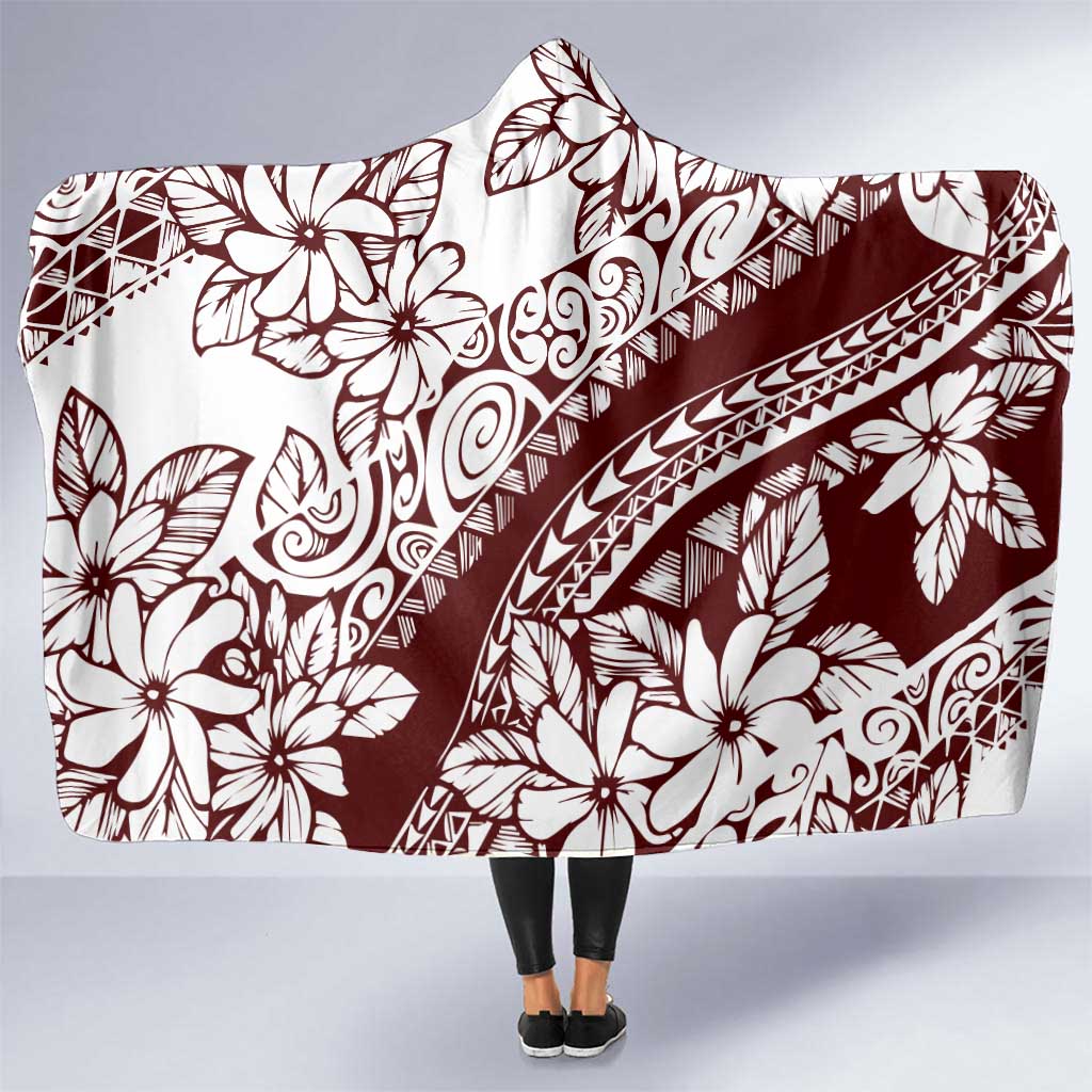 Polynesian Tropical Flowers Oxblood Color Hooded Blanket