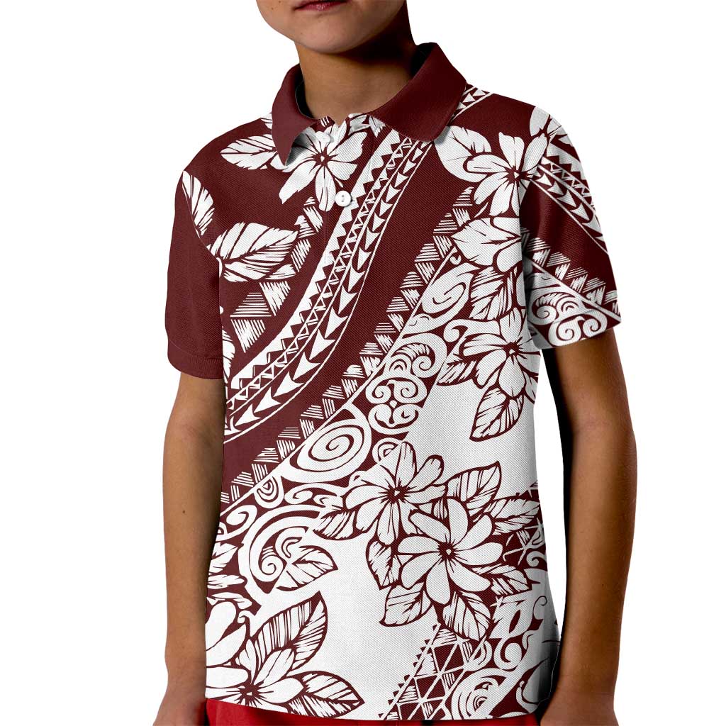 Polynesian Tropical Flowers Oxblood Color Kid Polo Shirt