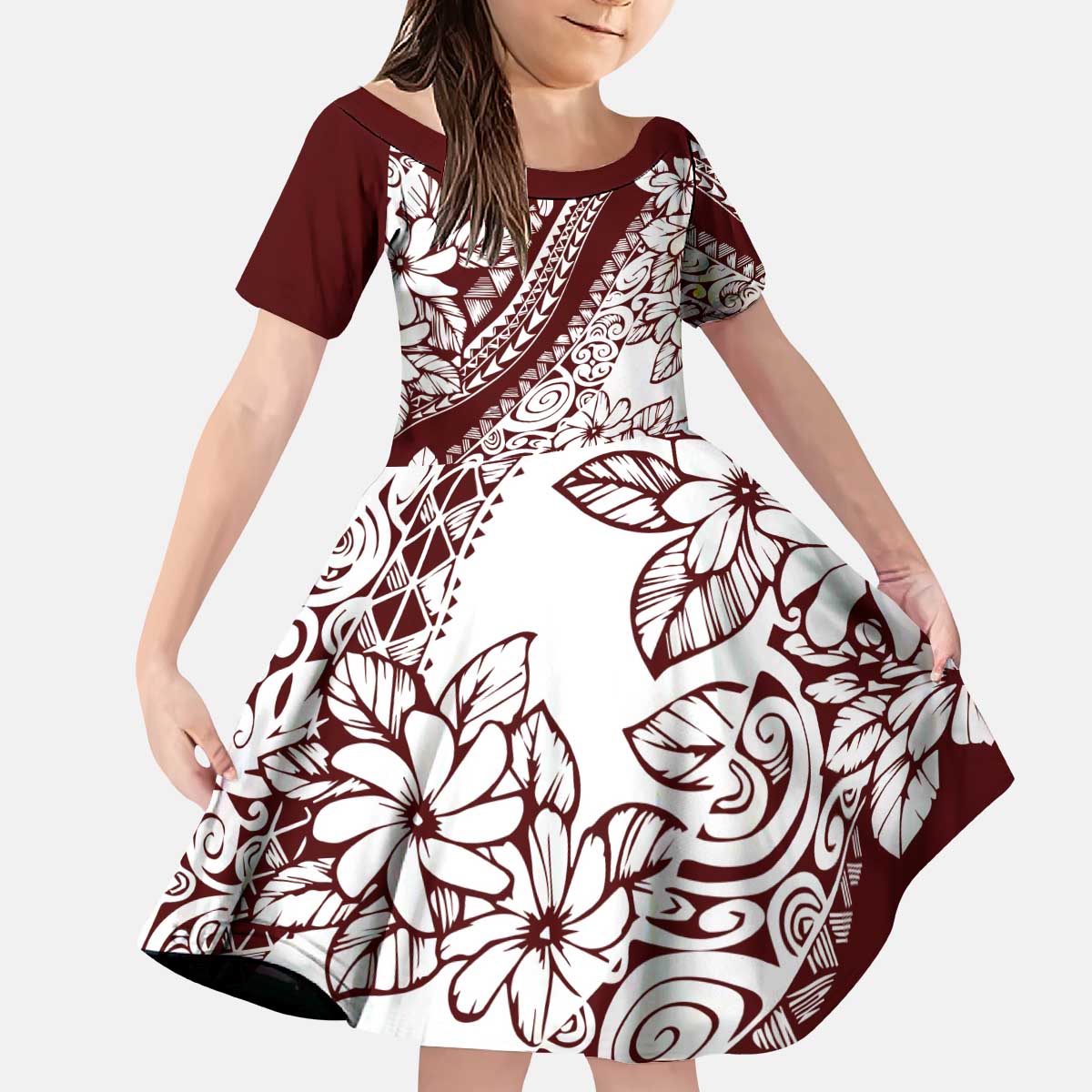 Polynesian Tropical Flowers Oxblood Color Kid Short Sleeve Dress