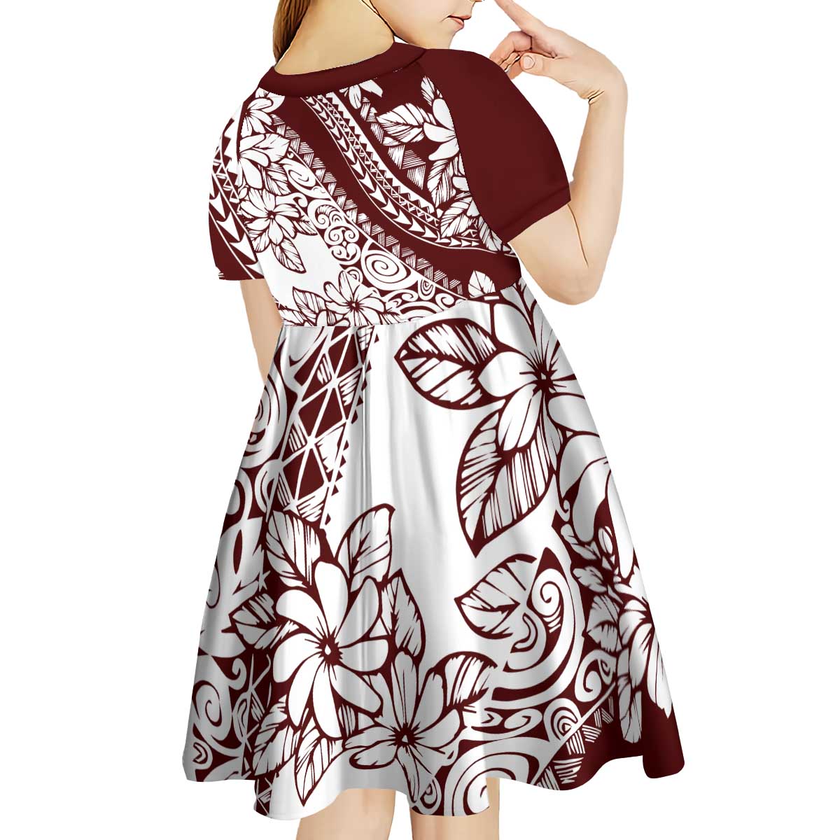 Polynesian Tropical Flowers Oxblood Color Kid Short Sleeve Dress