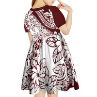 Polynesian Tropical Flowers Oxblood Color Kid Short Sleeve Dress