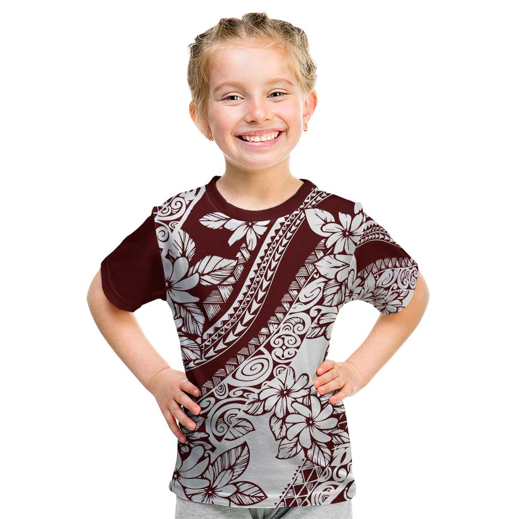 Polynesian Tropical Flowers Oxblood Color Kid T Shirt