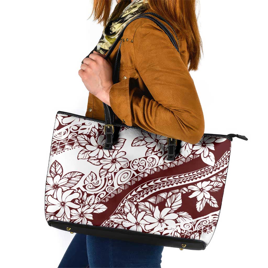 Polynesian Tropical Flowers Oxblood Color Leather Tote Bag