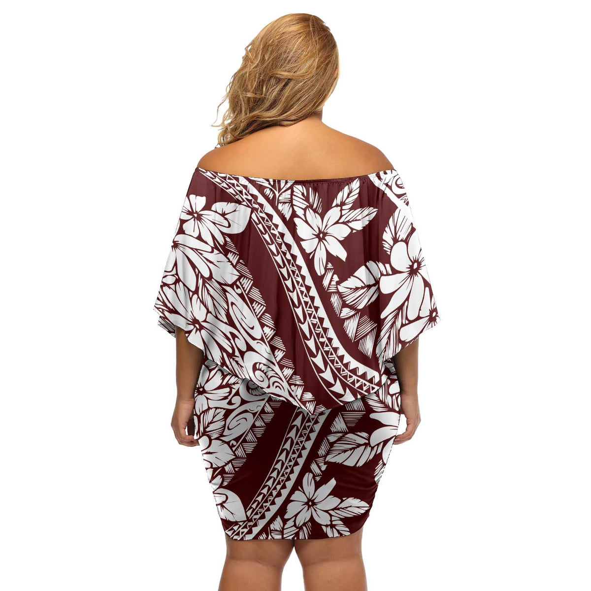 Polynesian Tropical Flowers Oxblood Color Off Shoulder Short Dress