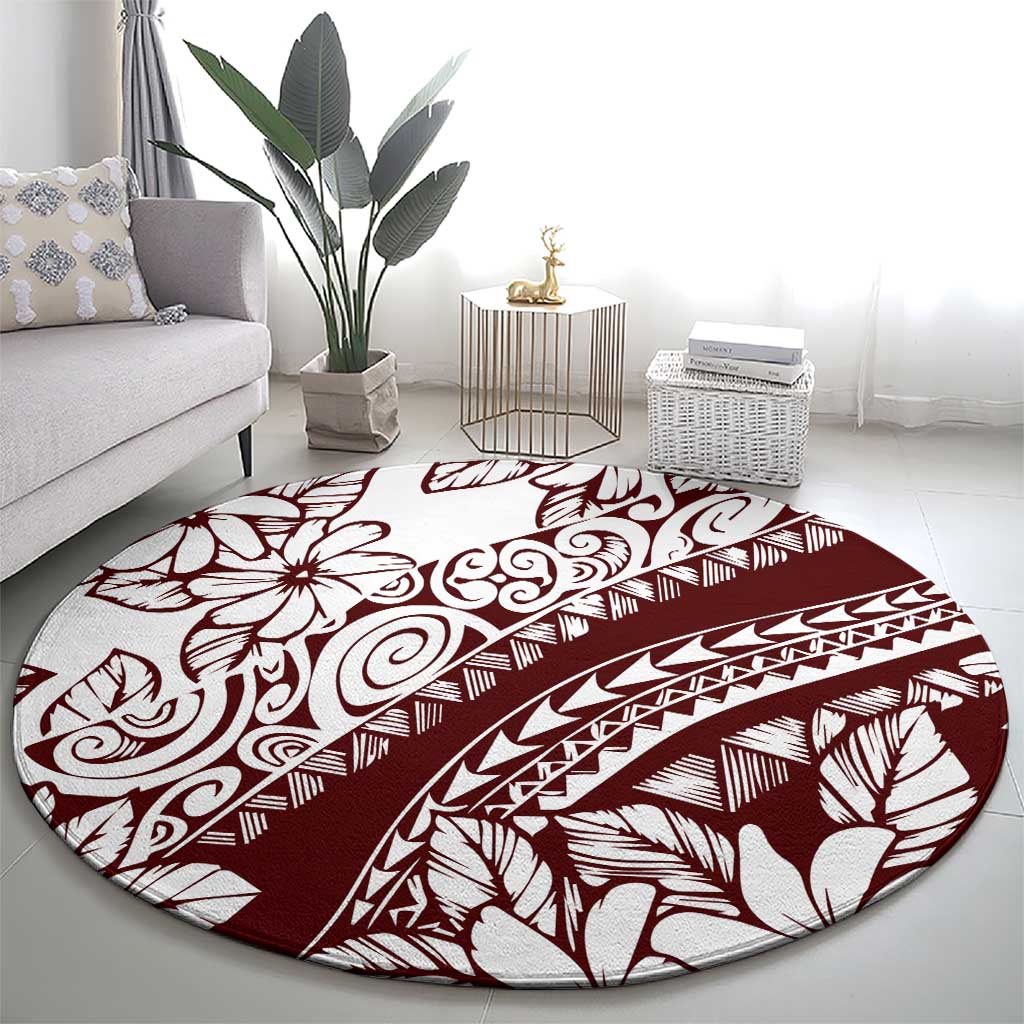 Polynesian Tropical Flowers Oxblood Color Round Carpet