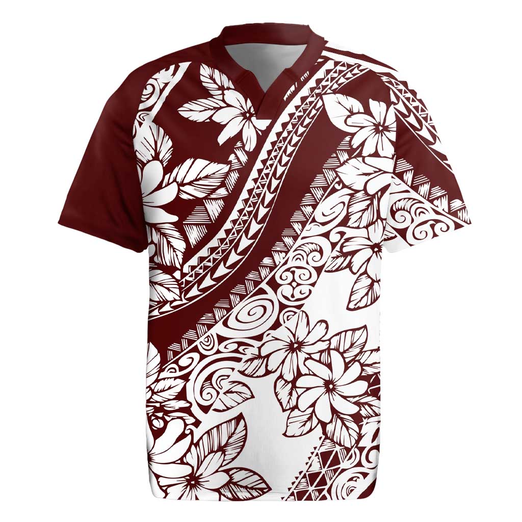 Polynesian Tropical Flowers Oxblood Color Rugby Jersey
