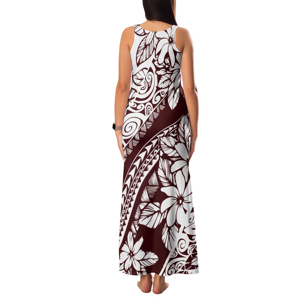 Polynesian Tropical Flowers Oxblood Color Tank Maxi Dress
